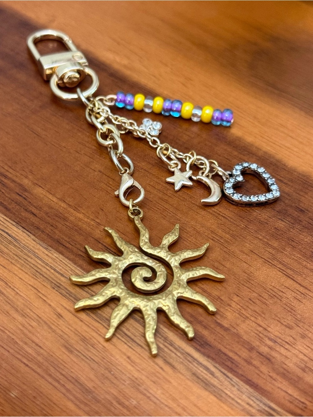 Gold Sun Charm Key & Card Holder Accessory with Bead and Rhinestone Accents